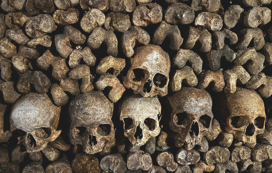 Rows of human skulls and bones stacked in the Paris Catacombs