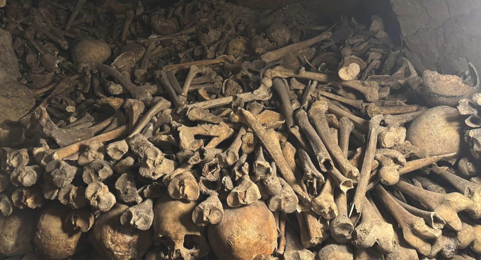 how many bodies are in the Paris Catacombs - Historic Paris Catacombs with bones and skulls lining the walls